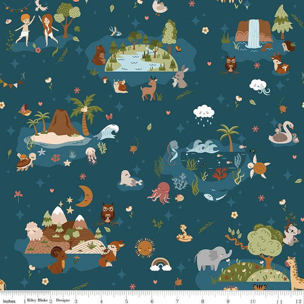 Image of the Created With Love Main Ocean quilting cotton fabric by Riley Blake Designs. Features animals on a blue background. Cute Little Fabric Shop