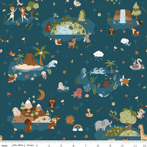 Image of the Created With Love Main Ocean quilting cotton fabric by Riley Blake Designs. Features animals on a blue background. Cute Little Fabric Shop