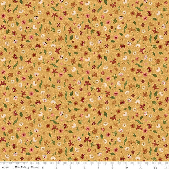 Image of the Created With Love Bloom & Grow Sunshine quilting cotton fabric by Riley Blake Designs. Features animals on a yellow background. Cute Little Fabric Shop