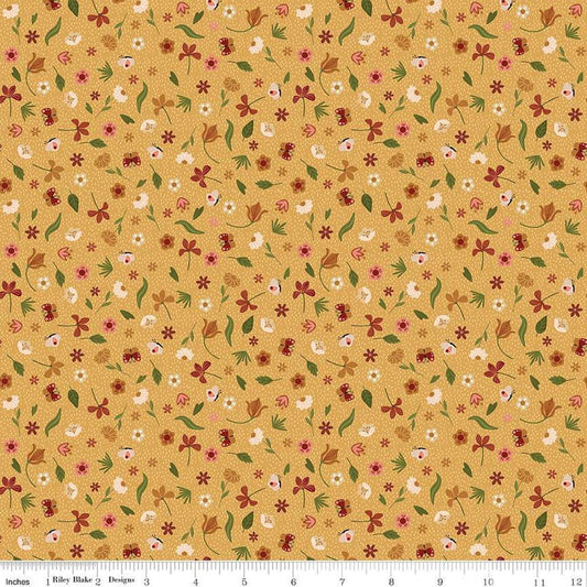 Image of the Created With Love Bloom & Grow Sunshine quilting cotton fabric by Riley Blake Designs. Features animals on a yellow background. Cute Little Fabric Shop