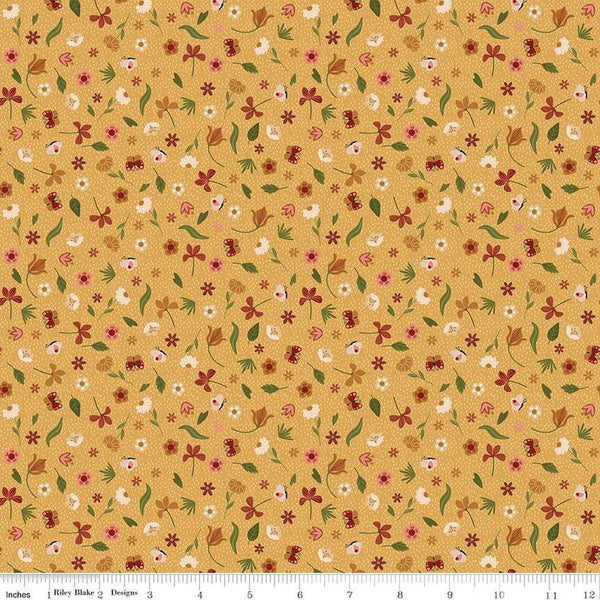 Image of the Created With Love Bloom & Grow Sunshine quilting cotton fabric by Riley Blake Designs. Features animals on a yellow background. Cute Little Fabric Shop