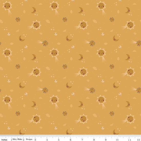 Image of the Created With Love Bloom & Grow Sunshine quilting cotton fabric by Riley Blake Designs. Features animals on a yellow background. Cute Little Fabric Shop