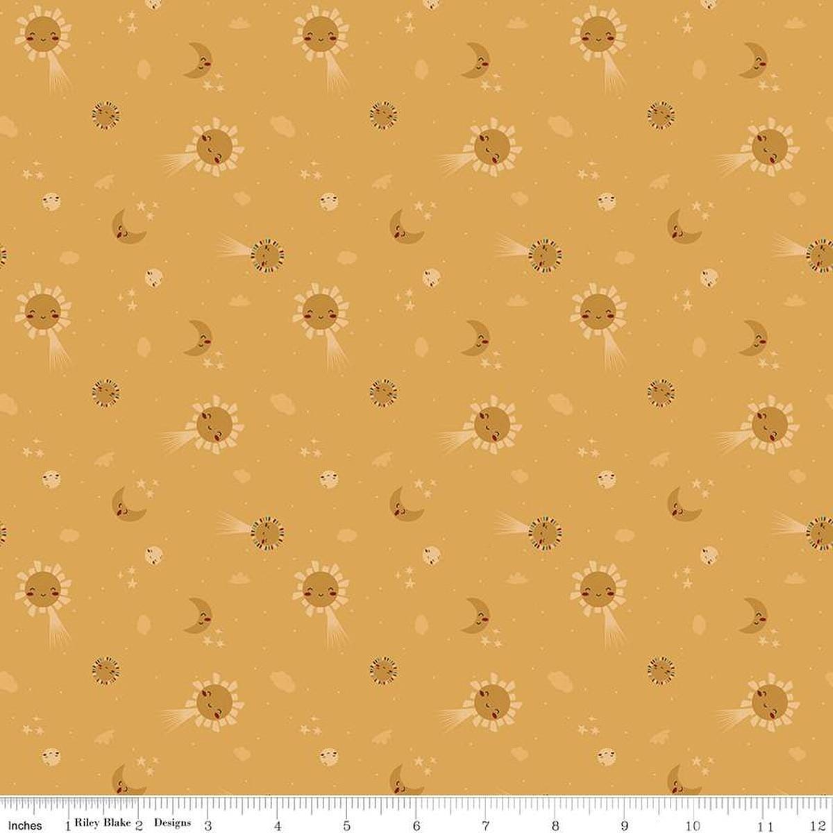 Image of the Created With Love Bloom & Grow Sunshine quilting cotton fabric by Riley Blake Designs. Features animals on a yellow background. Cute Little Fabric Shop