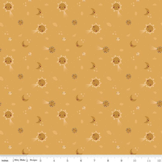 Image of the Created With Love Bloom & Grow Sunshine quilting cotton fabric by Riley Blake Designs. Features animals on a yellow background. Cute Little Fabric Shop