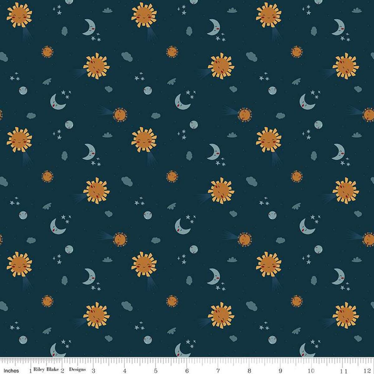 Image of the Created With Love Light & Dark Night quilting cotton fabric by Riley Blake Designs. Features stars and moons on a blue background. Cute Little Fabric Shop