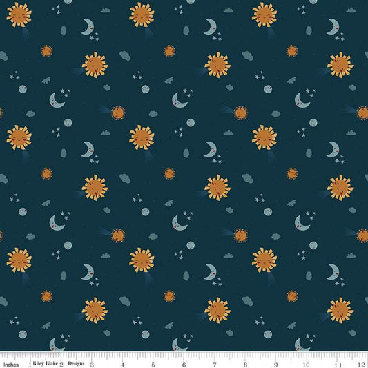 Image of the Created With Love Light & Dark Night quilting cotton fabric by Riley Blake Designs. Features stars and moons on a blue background. Cute Little Fabric Shop