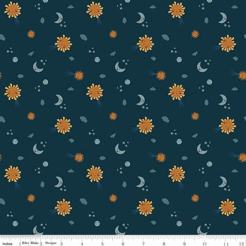 Image of the Created With Love Light & Dark Night quilting cotton fabric by Riley Blake Designs. Features stars and moons on a blue background. Cute Little Fabric Shop