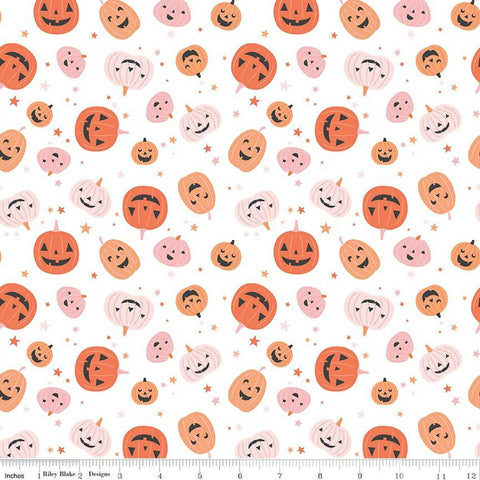 Image of the Hey Pumpkin Pumpkins White quilting cotton fabric by Riley Blake Designs. Features pumpkins on a white background. Cute Little Fabric Shop