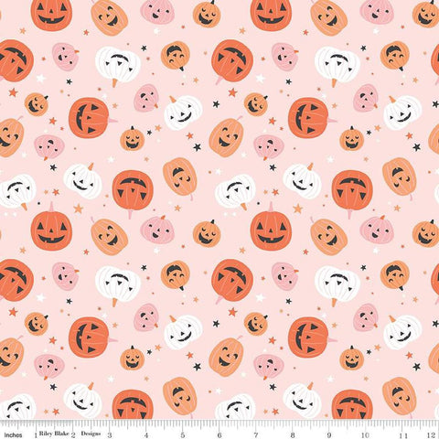 Image of the Hey Pumpkin Pumpkins Blush quilting cotton fabric by Riley Blake Designs. Features pumpkins on a pink background. Cute Little Fabric Shop