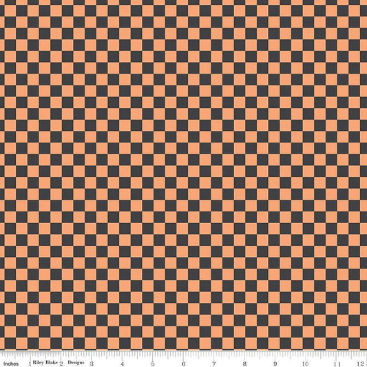 Image of the Hey Pumpkin Checks Charcoal quilting cotton fabric by Riley Blake Designs. Features checks on a brown background. Cute Little Fabric Shop