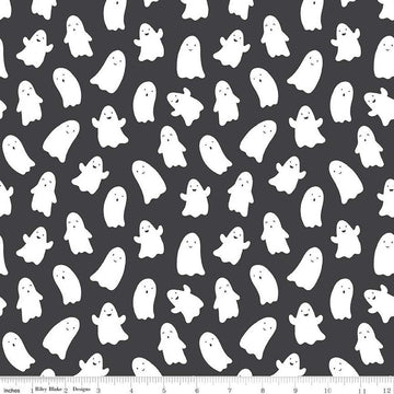 Image of the Hey Pumpkin Ghosts Charcoal quilting cotton fabric by Riley Blake Designs. Features ghosts on a black background. Cute Little Fabric Shop