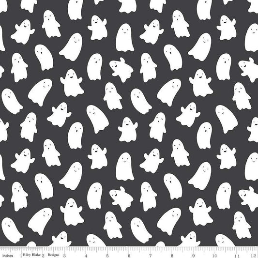 Image of the Hey Pumpkin Ghosts Charcoal quilting cotton fabric by Riley Blake Designs. Features ghosts on a black background. Cute Little Fabric Shop