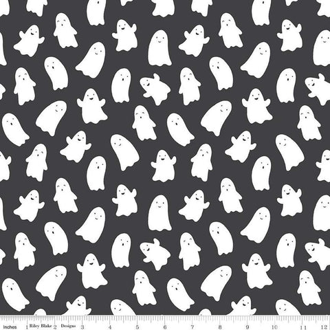 Image of the Hey Pumpkin Ghosts Charcoal quilting cotton fabric by Riley Blake Designs. Features ghosts on a black background. Cute Little Fabric Shop