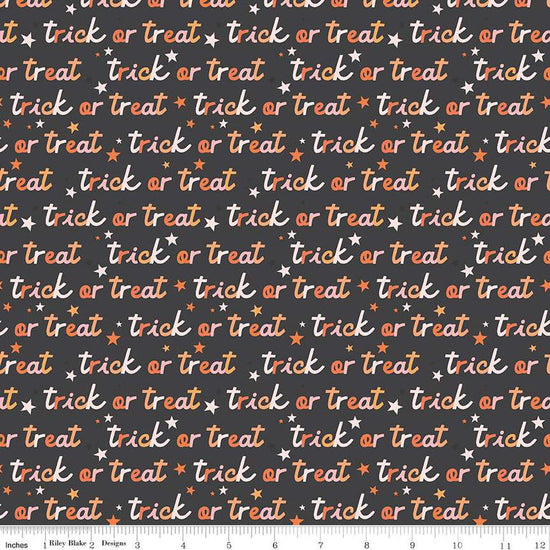Image of the Hey Pumpkin Trick or Treat Charcoal quilting cotton fabric by Riley Blake Designs. Features text on a black background. Cute Little Fabric Shop