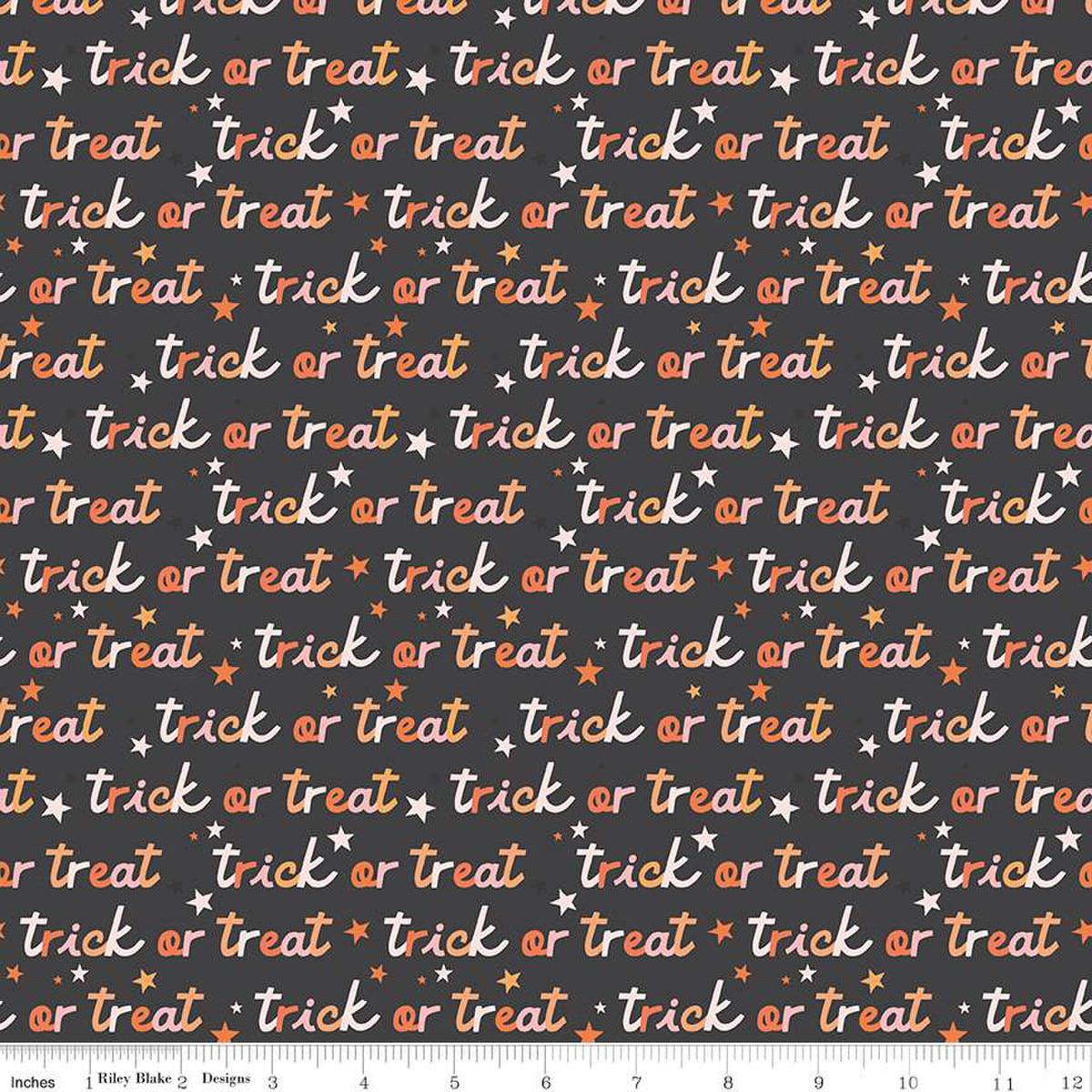 Image of the Hey Pumpkin Trick or Treat Charcoal quilting cotton fabric by Riley Blake Designs. Features text on a black background. Cute Little Fabric Shop