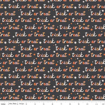 Image of the Hey Pumpkin Trick or Treat Charcoal quilting cotton fabric by Riley Blake Designs. Features text on a black background. Cute Little Fabric Shop