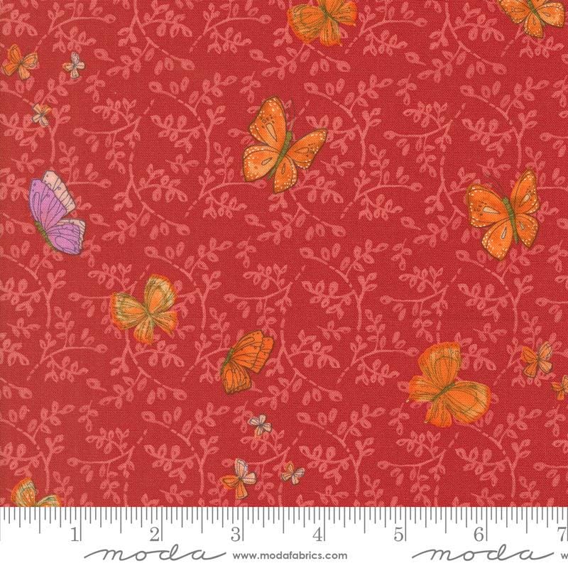 Superbloom Butterfly Geranium quilting cotton fabrics by Robin Pickens for Moda Fabrics. Features flowers on an red background. Cute Little Fabric Shop