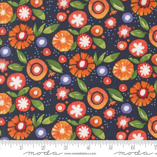 Superbloom Posy Indigo quilting cotton fabrics by Robin Pickens for Moda Fabrics. Features flowers on a blue background. Cute Little Fabric Shop