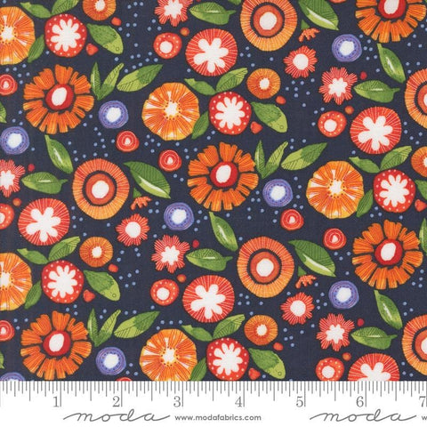 Superbloom Posy Indigo quilting cotton fabrics by Robin Pickens for Moda Fabrics. Features flowers on a blue background. Cute Little Fabric Shop