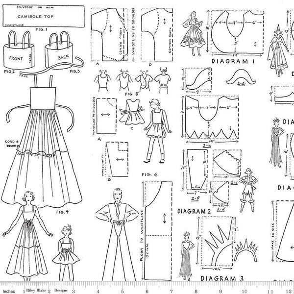 Image of the Costume Maker&#39;s Act II Costumes White  quilting cotton fabric. Features clothes on an white background. Cute Little Fabric Shop
