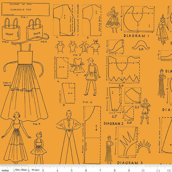Image of the Costume Maker's Act II Costumes Orange quilting cotton fabric. Features clothes on an orange background. Cute Little Fabric Shop