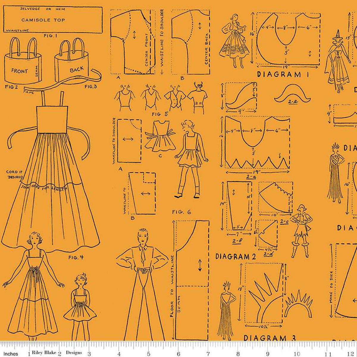 Image of the Costume Maker's Act II Costumes Orange quilting cotton fabric. Features clothes on an orange background. Cute Little Fabric Shop
