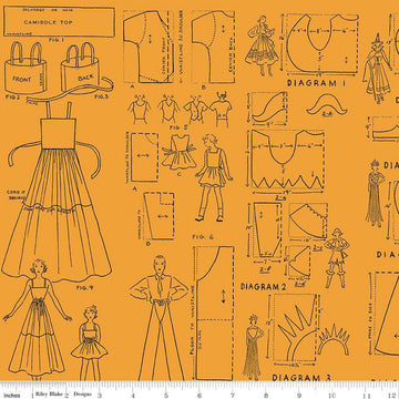 Image of the Costume Maker's Act II Costumes Orange quilting cotton fabric. Features clothes on an orange background. Cute Little Fabric Shop