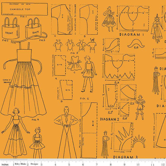 Image of the Costume Maker's Act II Costumes Orange quilting cotton fabric. Features clothes on an orange background. Cute Little Fabric Shop