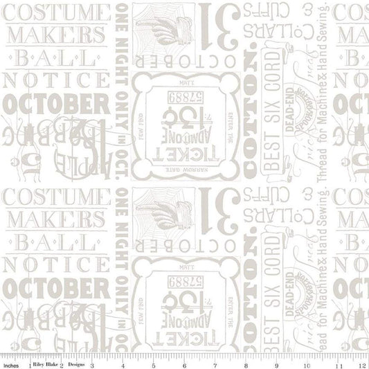 Image of the Costume Maker's Act II Ticket Text White quilting cotton fabric. Features text on a white background. Cute Little Fabric Shop