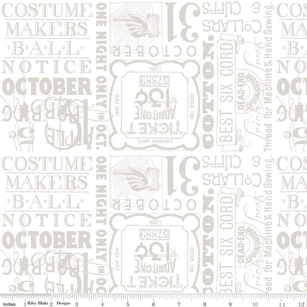 Image of the Costume Maker&#39;s Act II Ticket Text White quilting cotton fabric. Features text on a white background. Cute Little Fabric Shop