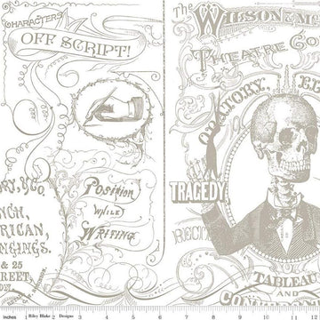 Image of the Costume Maker's Act II Theatre Conversation Gray quilting cotton fabric. Features text on a gray background. Cute Little Fabric Shop