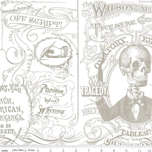 Image of the Costume Maker's Act II Theatre Conversation Gray quilting cotton fabric. Features text on a gray background. Cute Little Fabric Shop