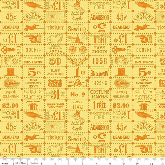 Image of the Costume Maker's Act II Ticket Grid Yellow quilting cotton fabric. Features text on a gray background. Cute Little Fabric Shop
