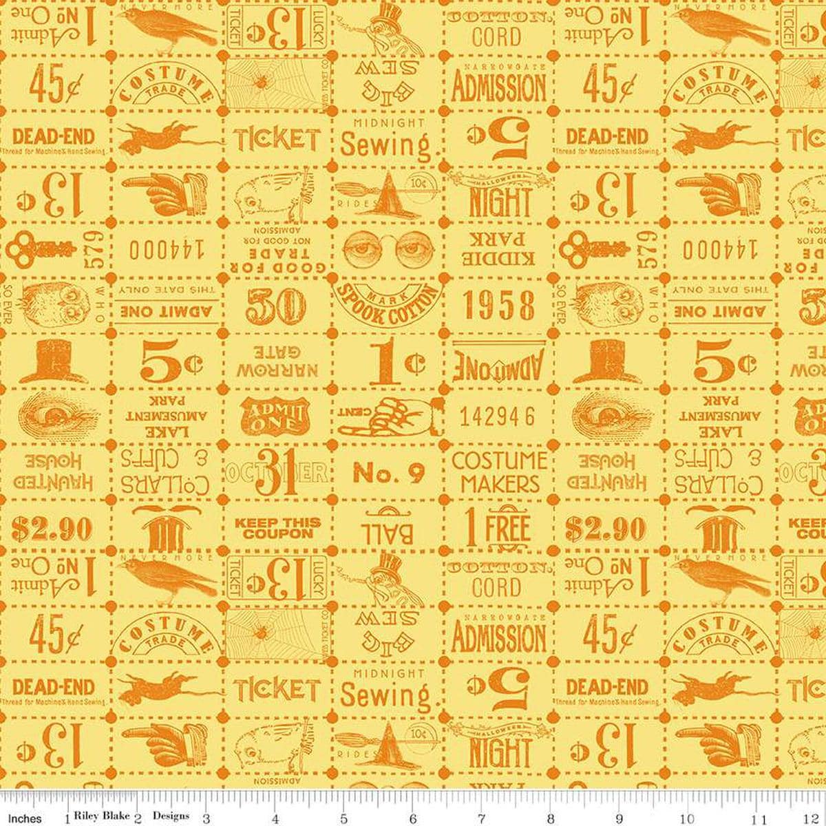 Image of the Costume Maker's Act II Ticket Grid Yellow quilting cotton fabric. Features text on a gray background. Cute Little Fabric Shop