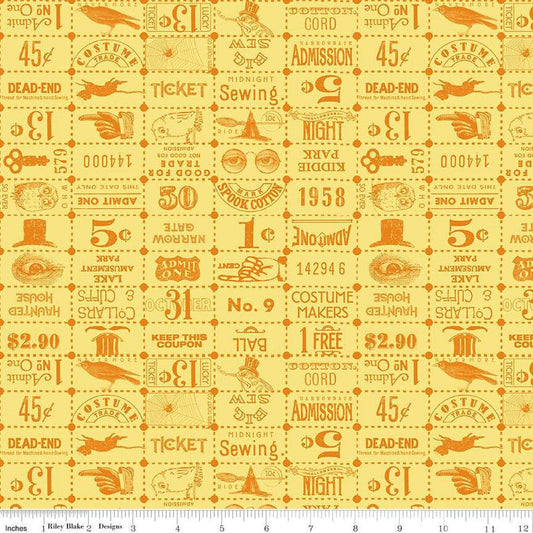 Image of the Costume Maker's Act II Ticket Grid Yellow quilting cotton fabric. Features text on a gray background. Cute Little Fabric Shop