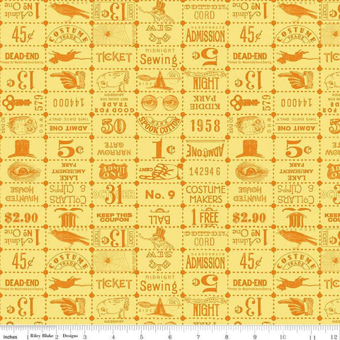 Image of the Costume Maker&#39;s Act II Ticket Grid Yellow quilting cotton fabric. Features text on a gray background. Cute Little Fabric Shop