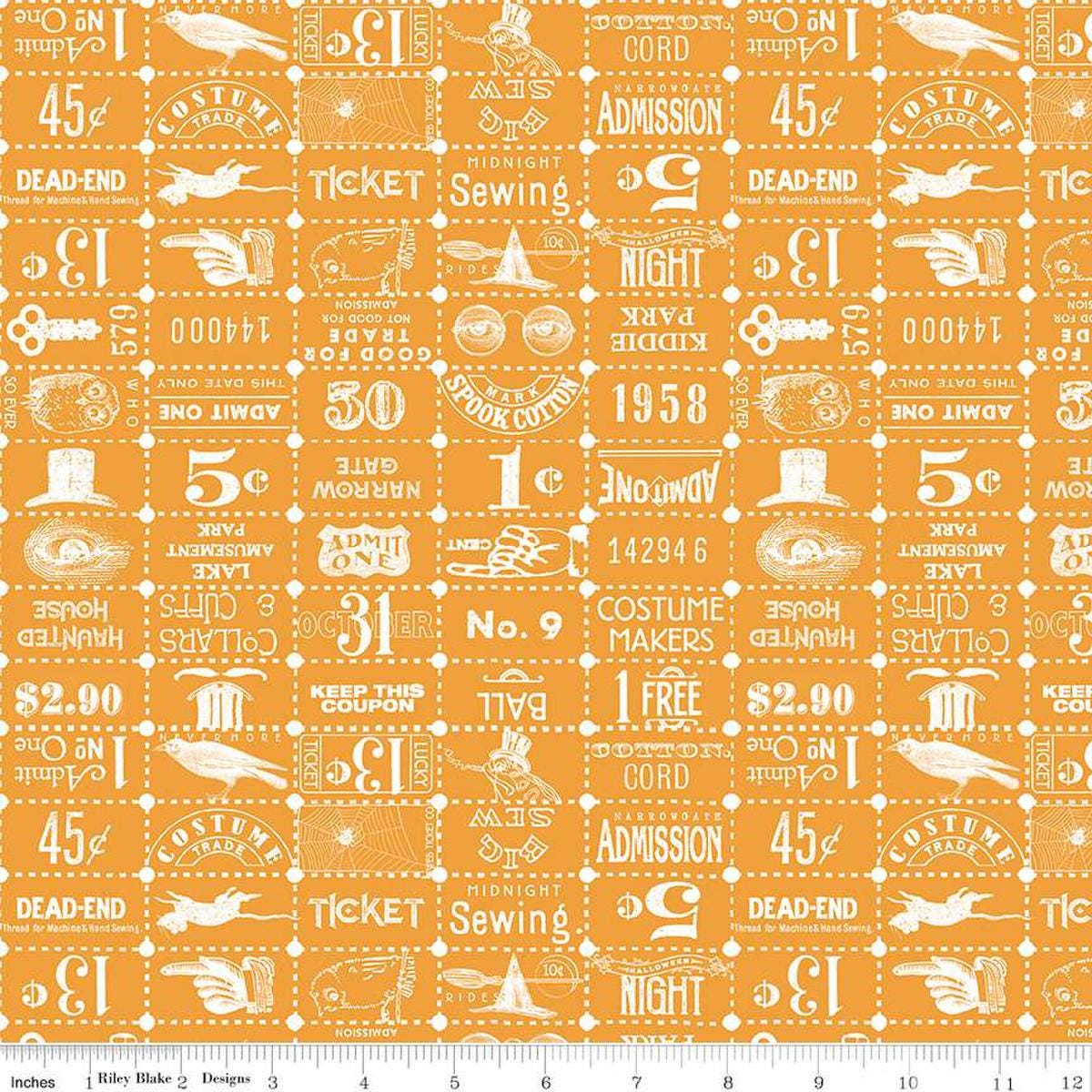 Image of the Costume Maker's Act II Ticket Grid Orange quilting cotton fabric. Features text on an orange background. Cute Little Fabric Shop