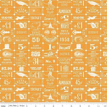 Image of the Costume Maker's Act II Ticket Grid Orange quilting cotton fabric. Features text on an orange background. Cute Little Fabric Shop
