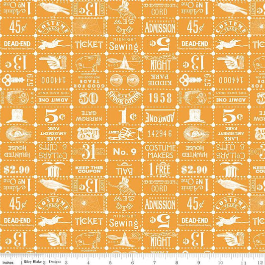 Image of the Costume Maker's Act II Ticket Grid Orange quilting cotton fabric. Features text on an orange background. Cute Little Fabric Shop