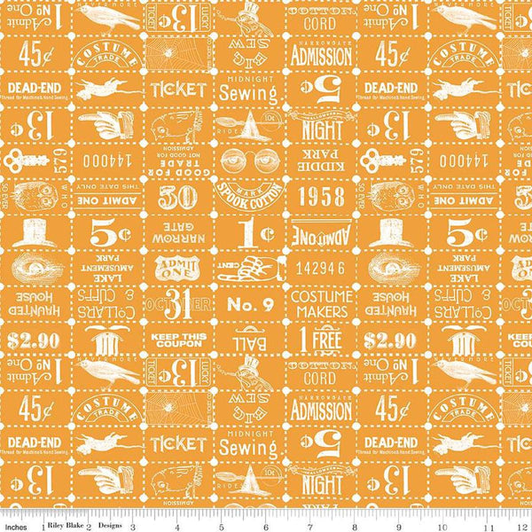 Image of the Costume Maker&#39;s Act II Ticket Grid Orange quilting cotton fabric. Features text on an orange background. Cute Little Fabric Shop