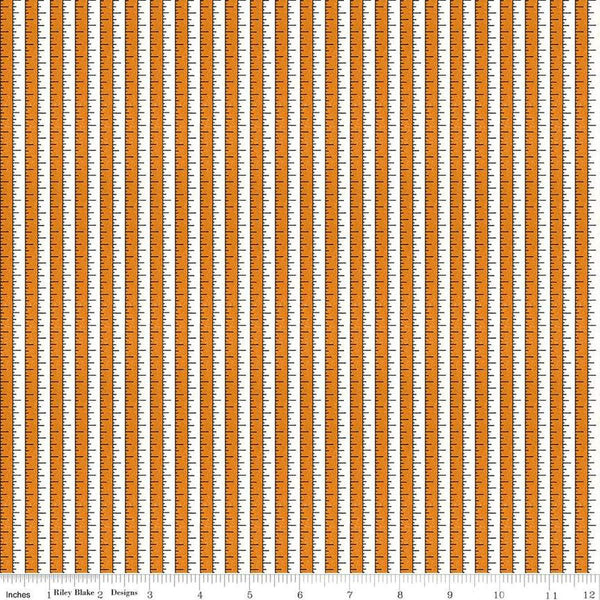 Image of the Costume Maker&#39;s Act II Tape Measure Orange quilting cotton fabric. Features rulers on an orange background. Cute Little Fabric Shop