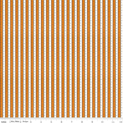 Image of the Costume Maker&#39;s Act II Tape Measure Orange quilting cotton fabric. Features rulers on an orange background. Cute Little Fabric Shop