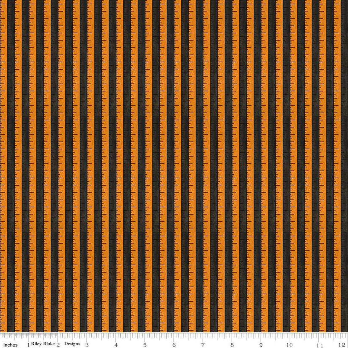 Image of the Costume Maker's Act II Tape Measure Black quilting cotton fabric. Features rulers on a black background. Cute Little Fabric Shop