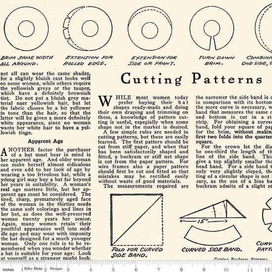 Image of the Costume Maker's Act II Hat How to Text Cream quilting cotton fabric. Features rulers on a cream background. Cute Little Fabric Shop