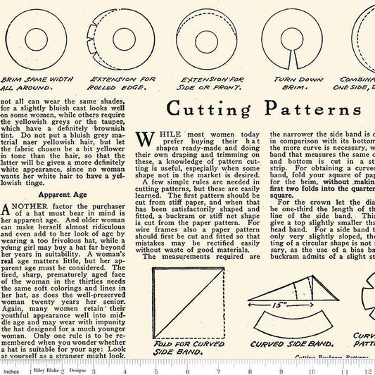 Image of the Costume Maker's Act II Hat How to Text Cream quilting cotton fabric. Features rulers on a cream background. Cute Little Fabric Shop