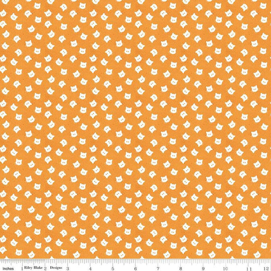 Image of the Costume Maker's Act II Scaredy Cat Buttons Orange quilting cotton fabric. Features cats on an orange background. Cute Little Fabric Shop