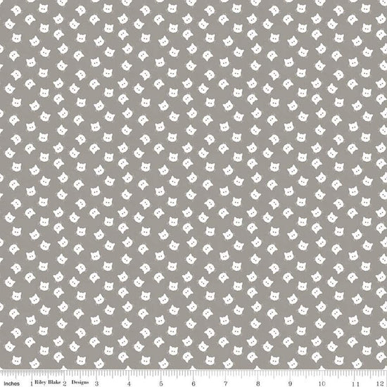 Image of the Costume Maker's Act II Scaredy Cat Buttons Gray  quilting cotton fabric. Features cats on an gray background. Cute Little Fabric Shop