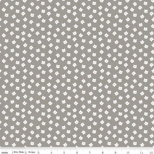 Image of the Costume Maker's Act II Scaredy Cat Buttons Gray  quilting cotton fabric. Features cats on an gray background. Cute Little Fabric Shop