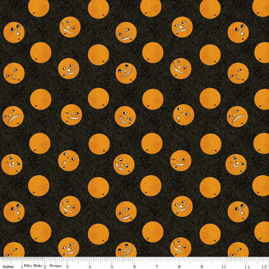 Image of the Costume Maker's Act II Jack-O-Lantern Balloons Black quilting cotton fabric. Features cats on an black background. Cute Little Fabric Shop