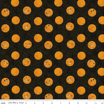 Image of the Costume Maker's Act II Jack-O-Lantern Balloons Black quilting cotton fabric. Features cats on an black background. Cute Little Fabric Shop